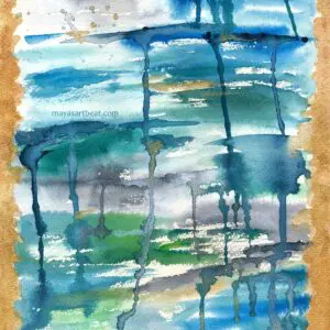 Abstract watercolor with blue and green hues.