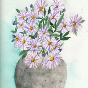 Purple flowers in a gray vase watercolor