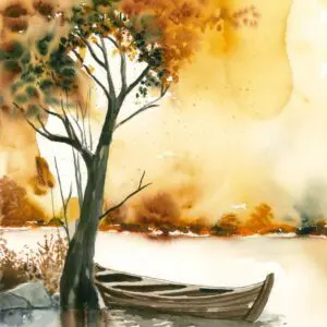 Watercolor painting of tree and boat