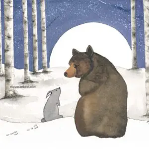 Snowy night with animals in forest