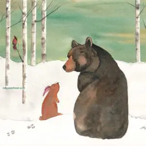 Snowy woodland with bear and rabbit