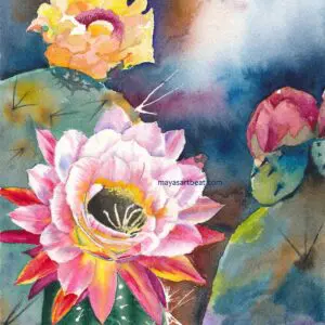 Artistic depiction of blooming cacti flowers