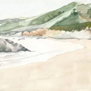 Watercolor beach landscape with mountains