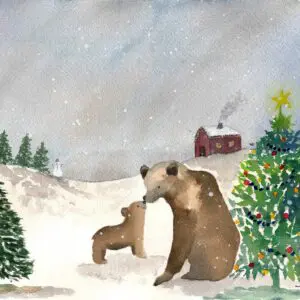 Bears near Christmas tree in snowy landscape