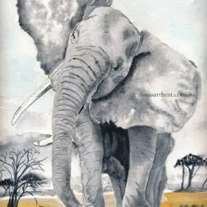 Watercolor elephant in savanna landscape