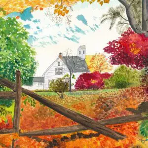 White house surrounded by vibrant fall foliage.