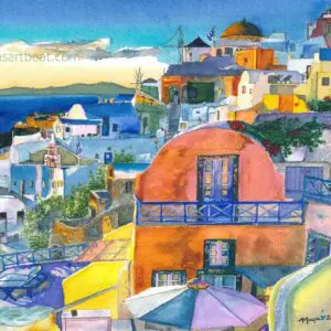 Vibrant seaside village with blue ocean