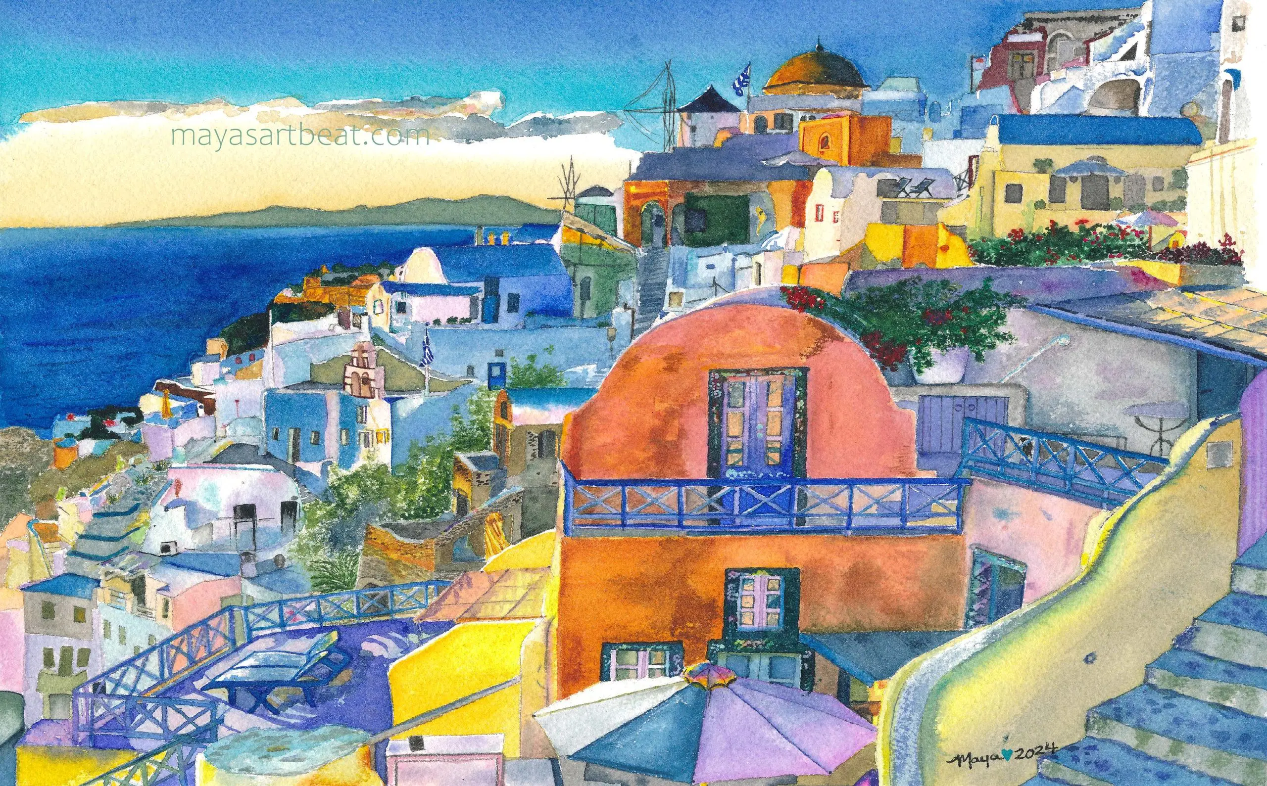 Vibrant seaside village with blue ocean