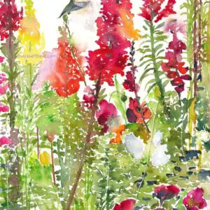 Bright floral scene with a hovering hummingbird