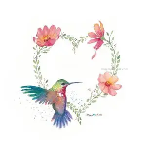 Colorful hummingbird with heart-shaped floral wreath