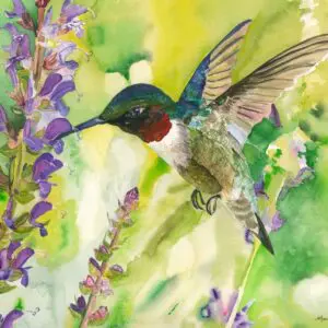 Colorful hummingbird flying amidst blossoms