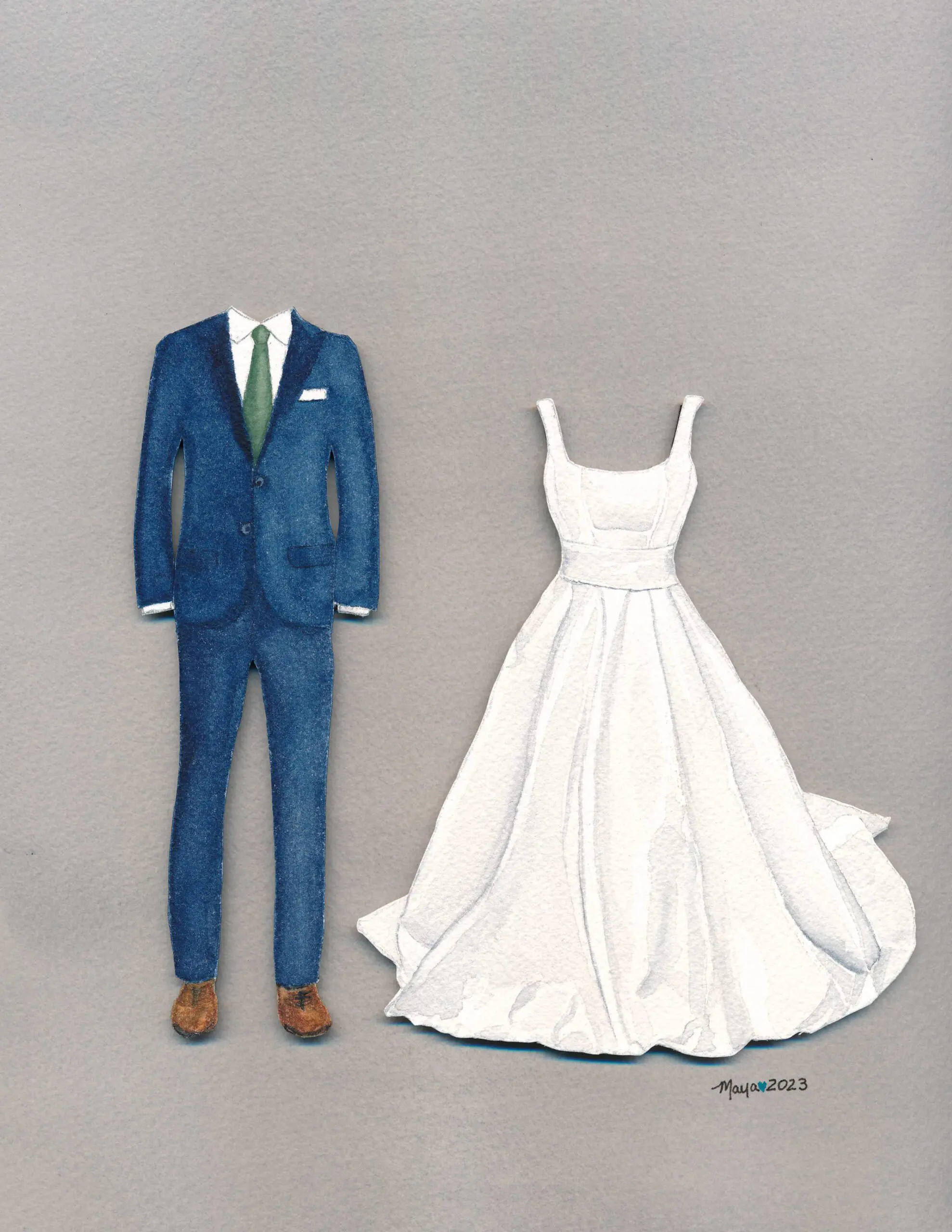 Wedding attire illustration with suit and gown