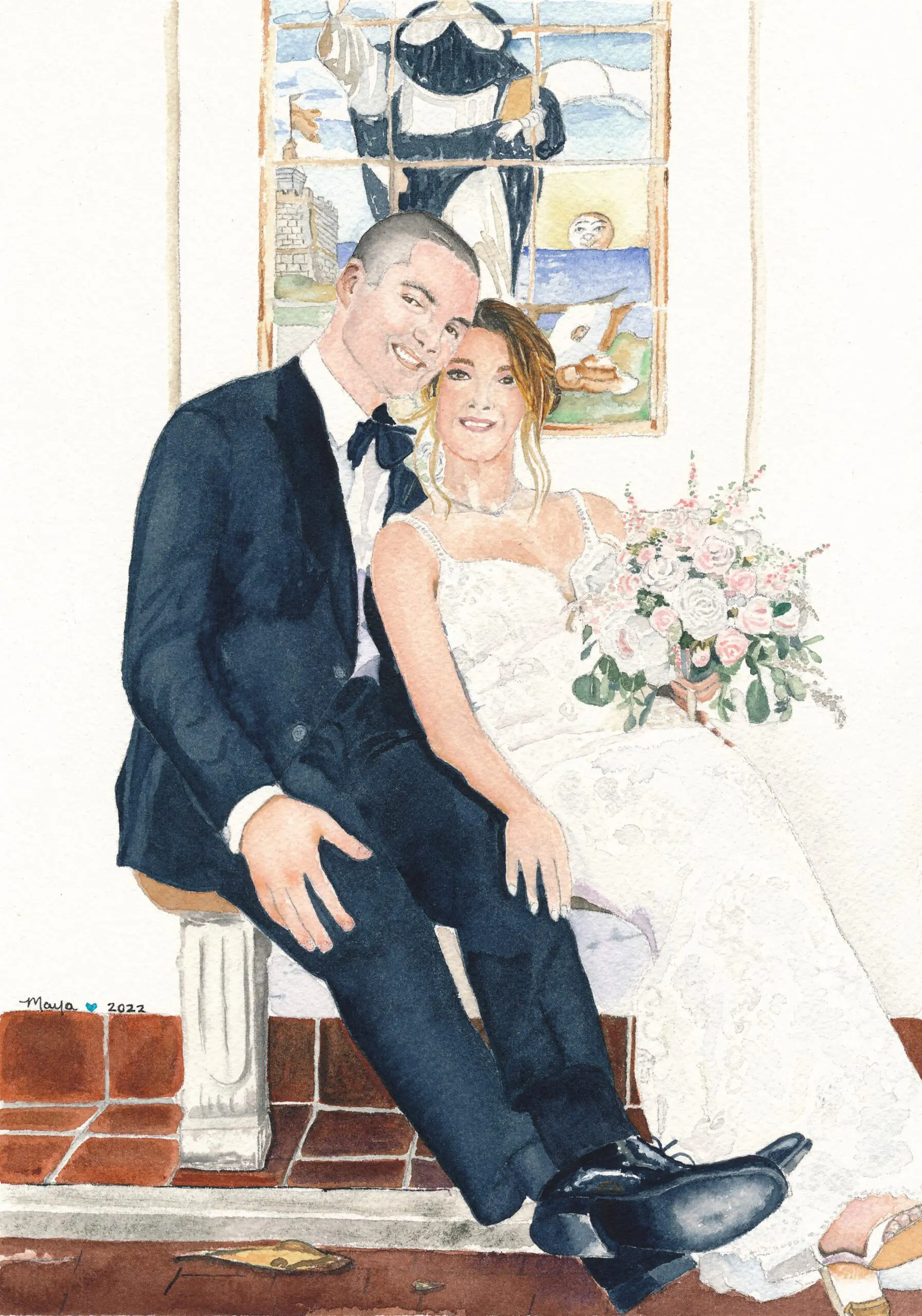 Bride holding bouquet with groom