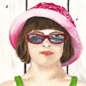 Child with pink hat and glasses