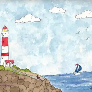 Seaside landscape with lighthouse and boat