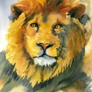 Lion with golden mane in watercolor