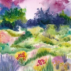 Bright flowers and greenery in watercolor art