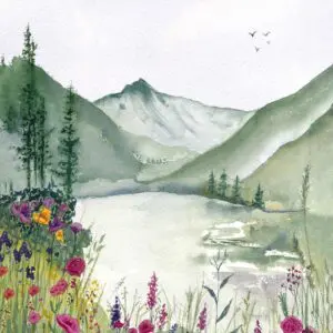 Peaceful mountains and vibrant meadow flowers