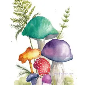 Colorful mushrooms and ferns watercolor painting