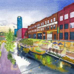 Colorful riverwalk scene with buildings