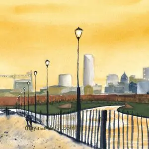 Pathway leading to city skyline