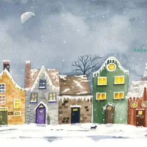 Charming snowy village under moonlit sky