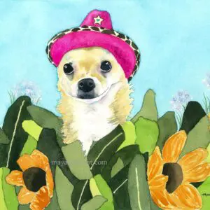 Cute dog peeking through sunflowers