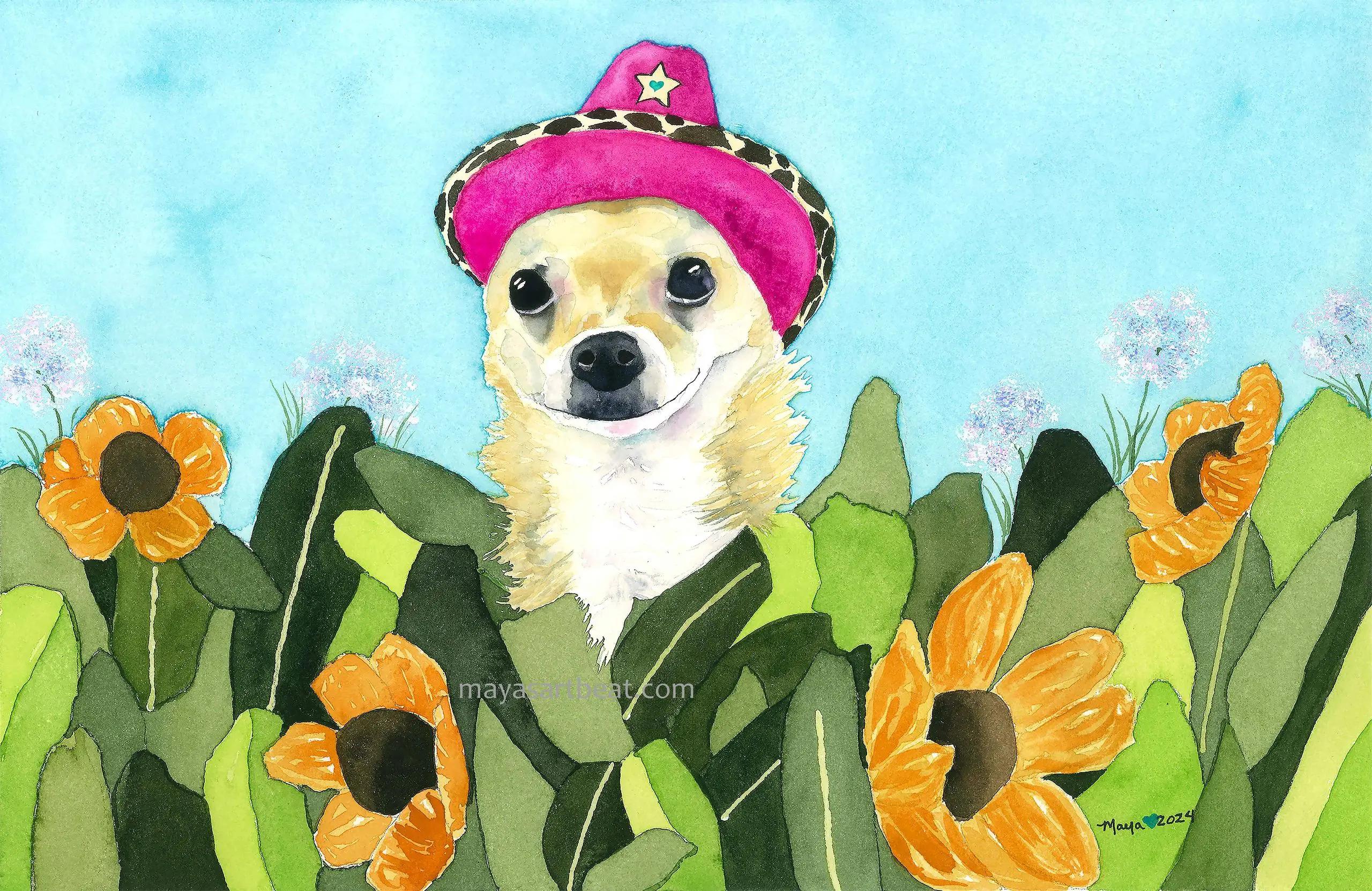 Cute dog peeking through sunflowers