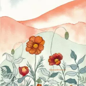 Vibrant floral scene with soft pastel sky