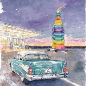 Classic car at sunset with colorful bottle
