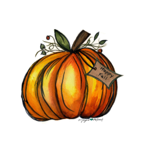 Watercolor pumpkin with "Happy Fall" tag