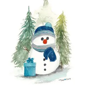 Festive snowman wearing blue hat and scarf