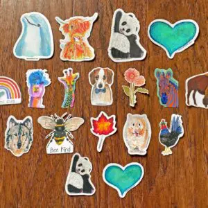 Assorted stickers featuring animals and hearts