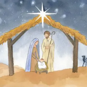 Nativity scene with starry night sky