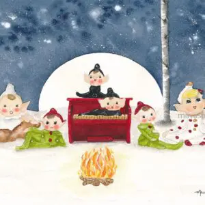 Cozy winter scene with elves and fire