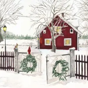 Snowy yard and red cottage