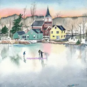 Scenic winter landscape with sunset sky