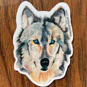Artistic wolf illustration with blue eyes