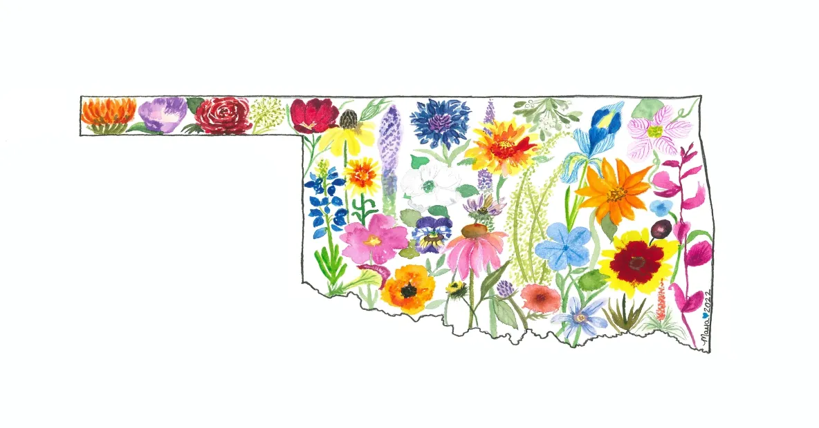 Oklahoma outline decorated with vibrant blossoms