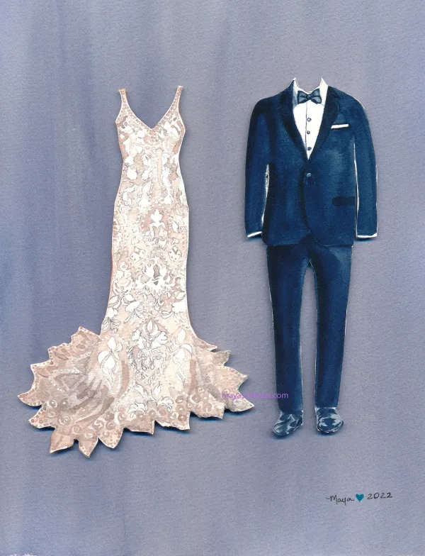 Wedding dress and tuxedo illustration