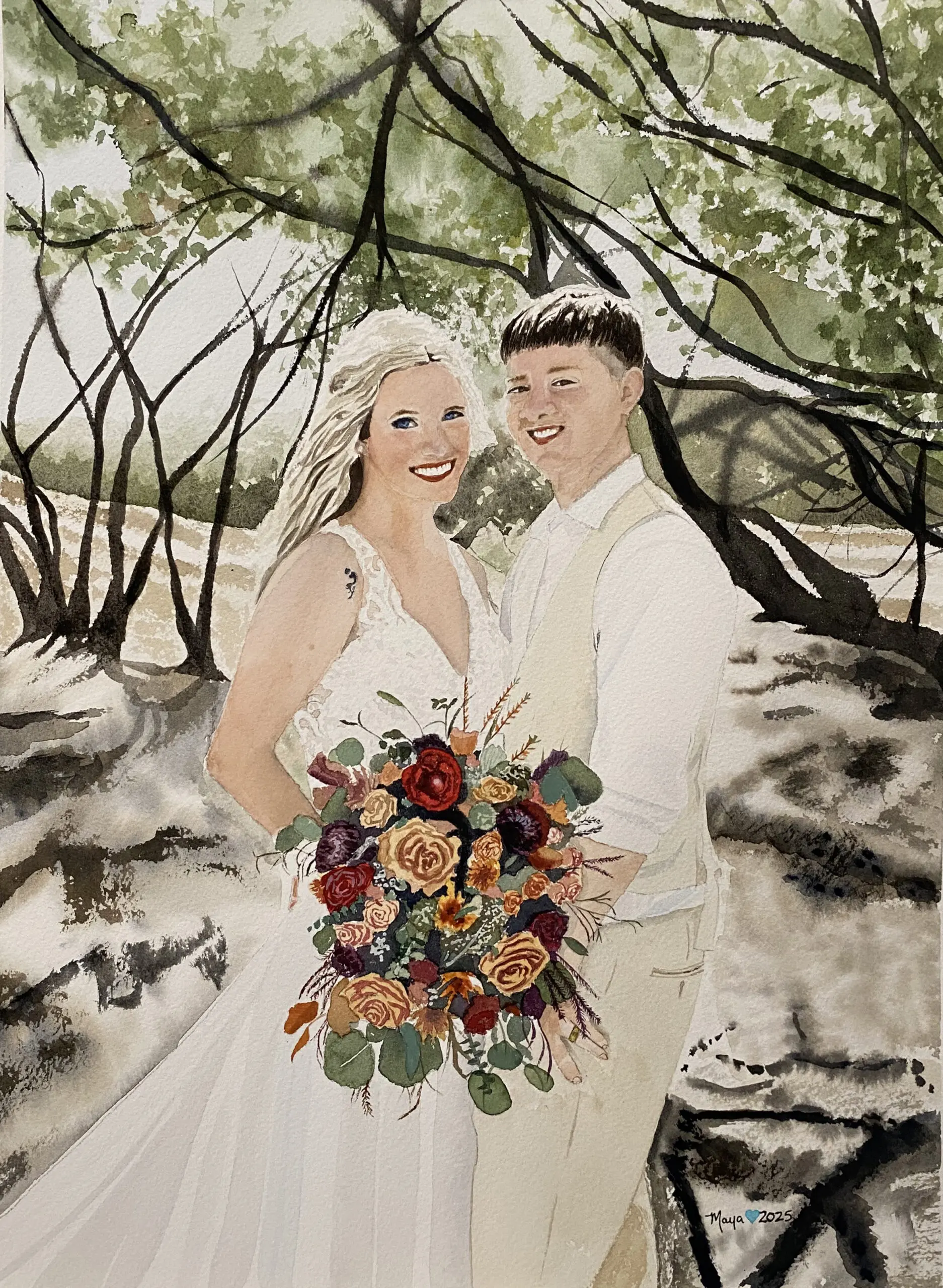 Wedding couple under trees holding colorful bouquet