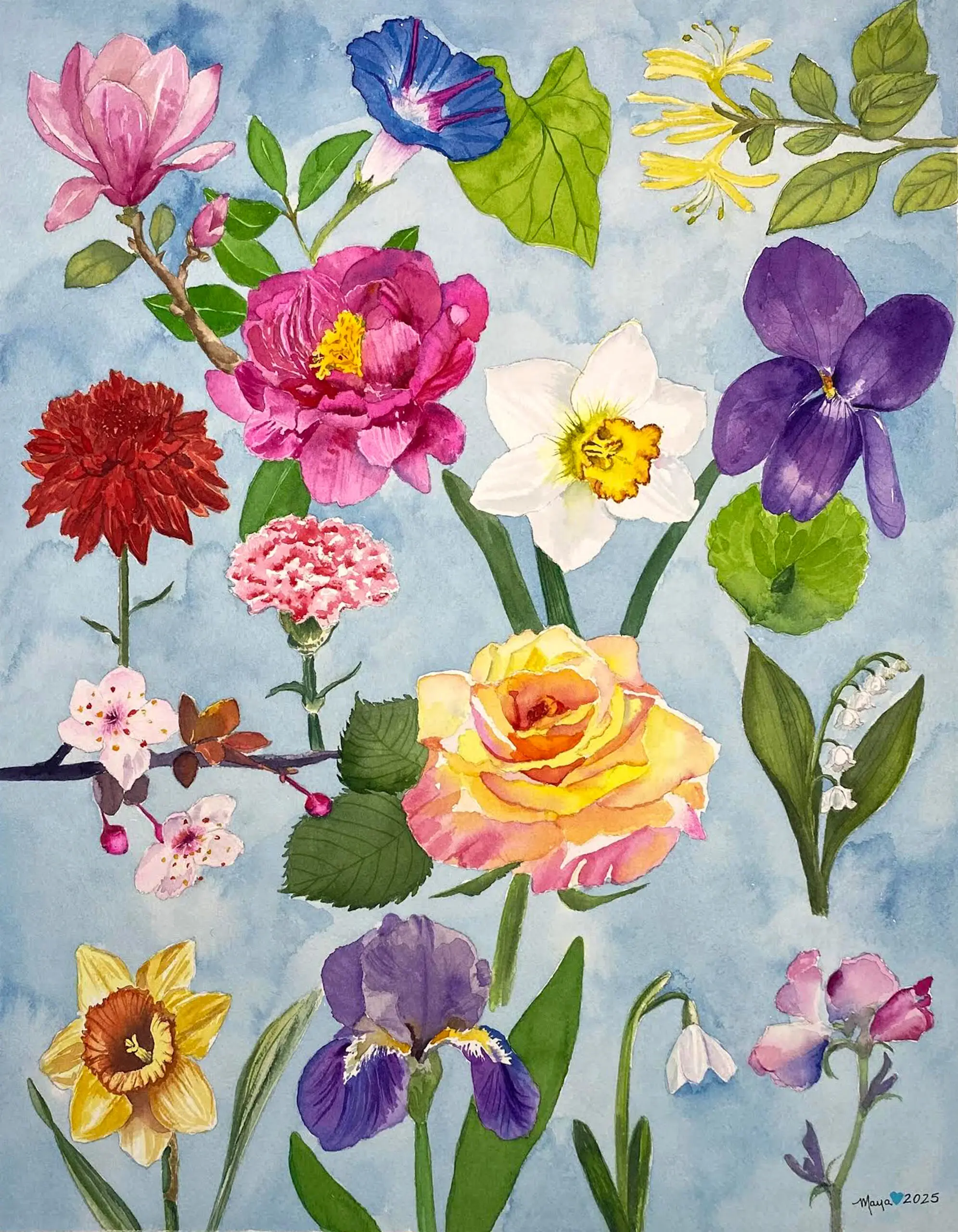 Colorful watercolor painting of spring flowers