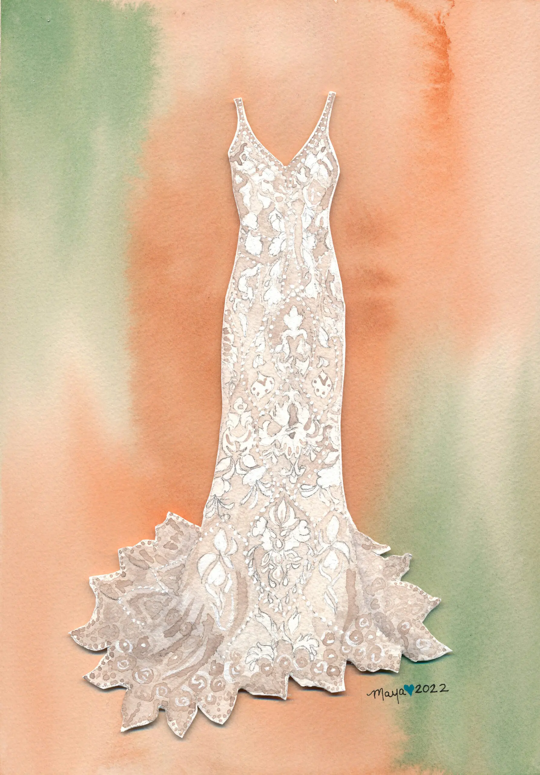 White lace bridal gown on watercolor background