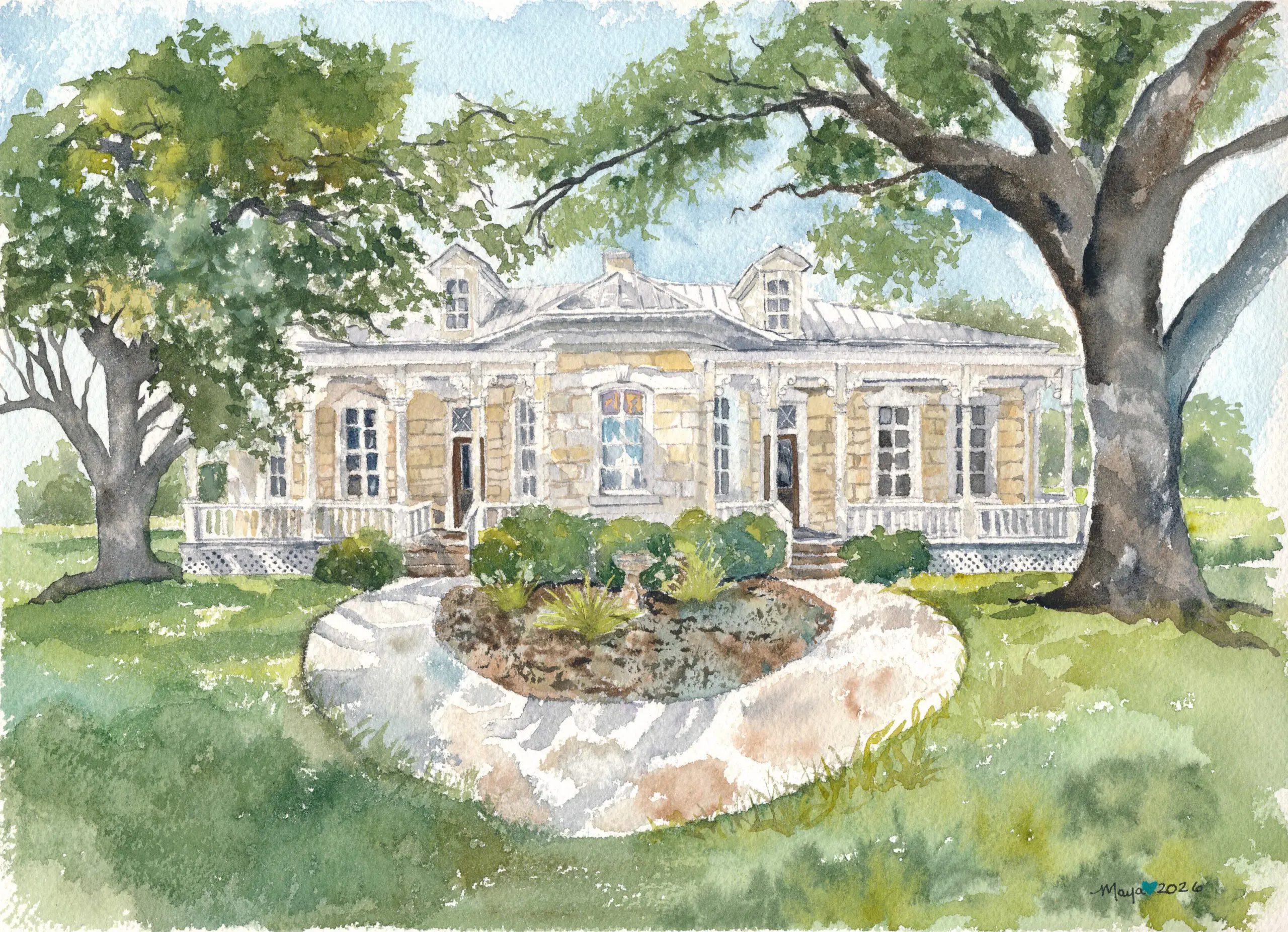 Watercolor Southern cottage with large oak trees