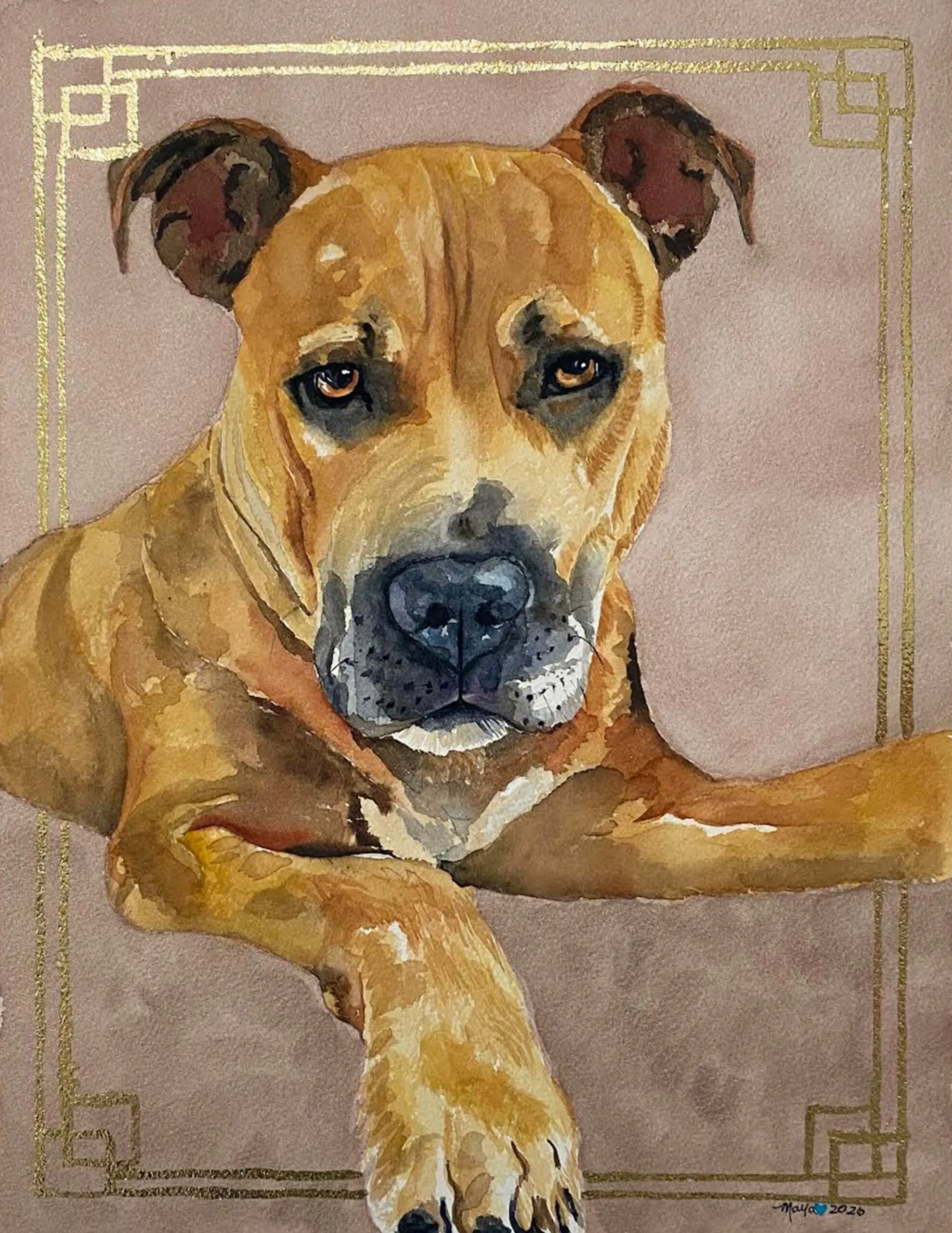 Brown dog watercolor portrait with gold border