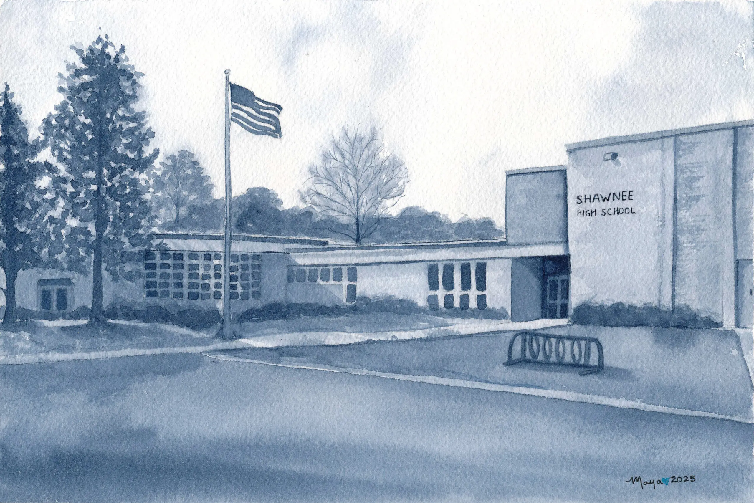 Watercolor of Shawnee High School and American flag