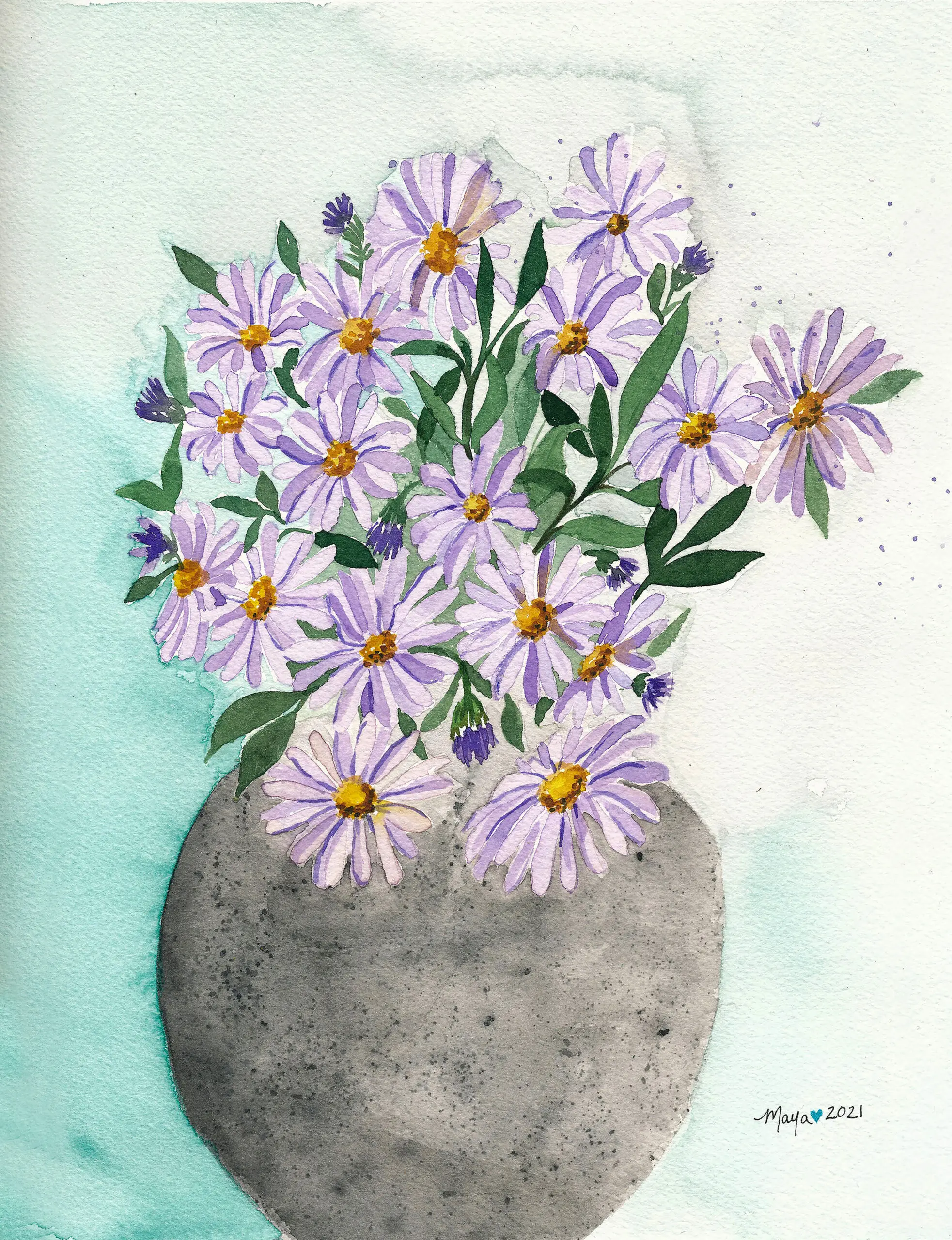 Watercolor bouquet of purple daisies in vase