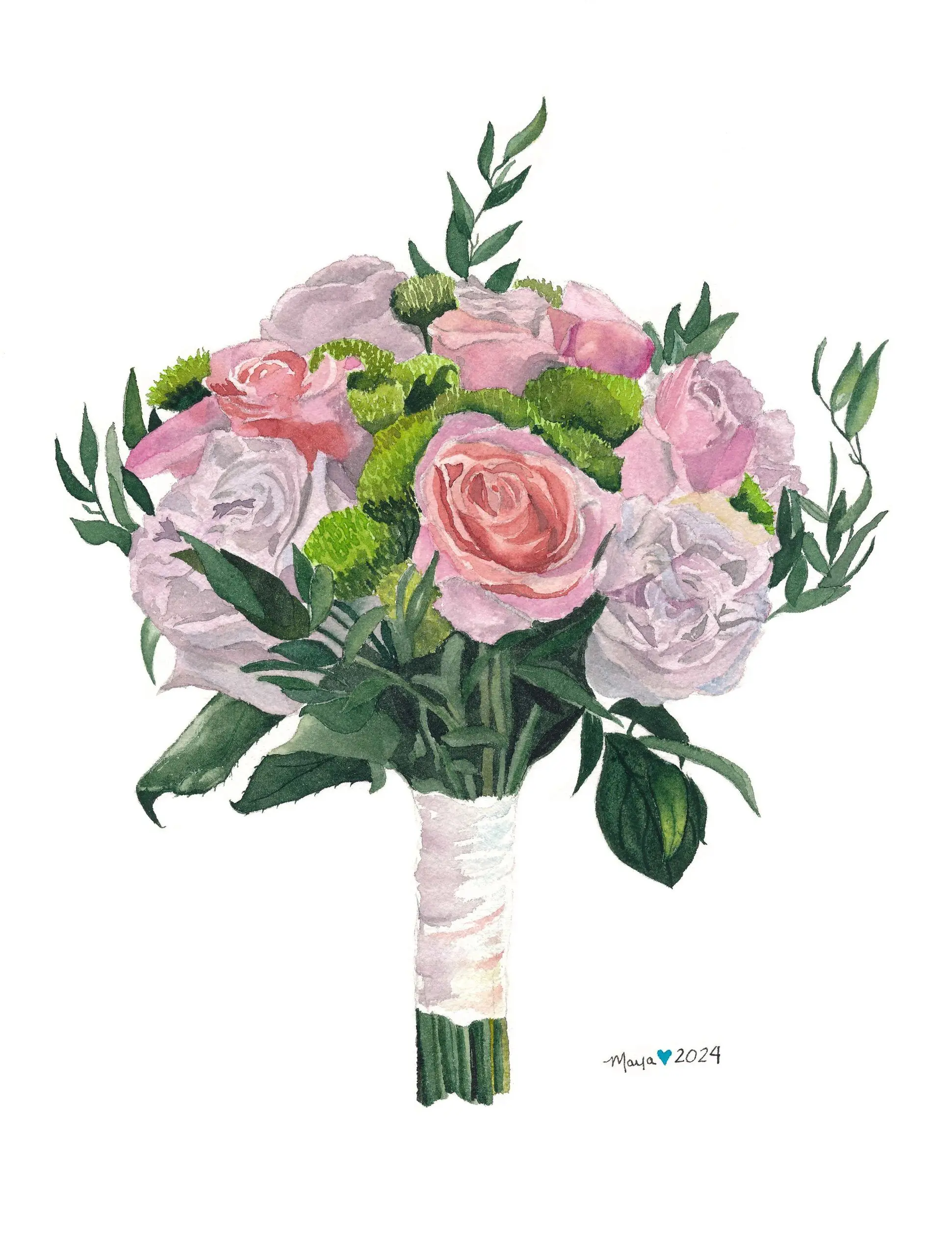Watercolor pink rose bouquet with greenery