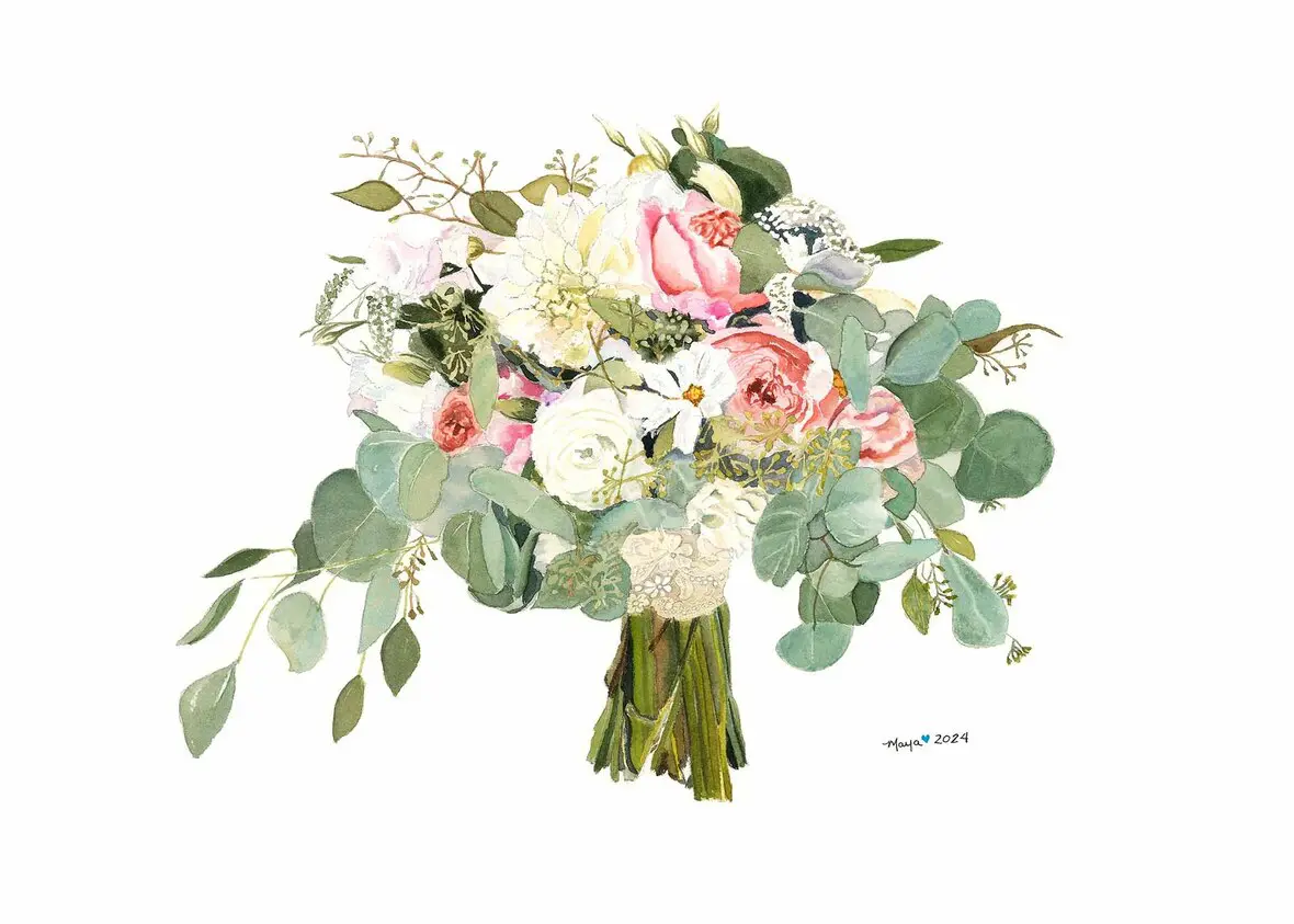 Watercolor bouquet of roses and eucalyptus