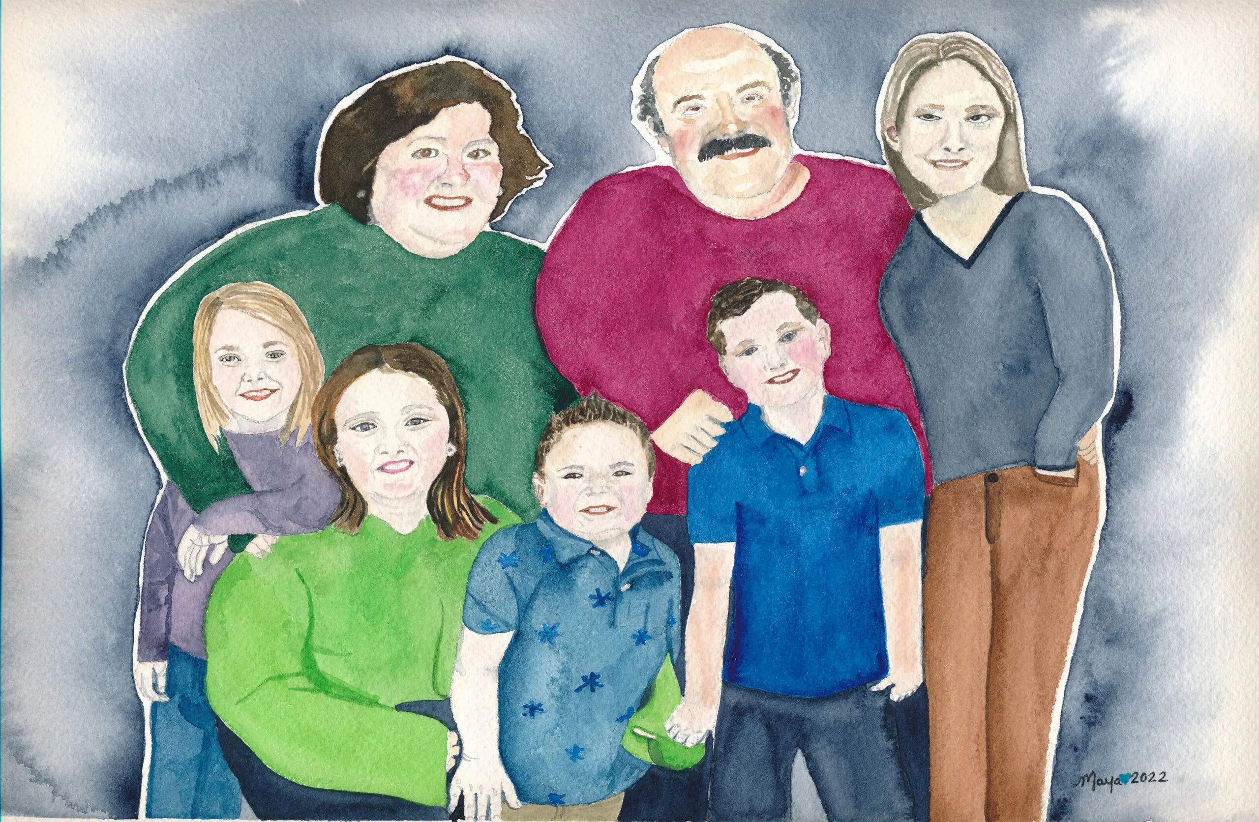 Watercolor family portrait of seven smiling people